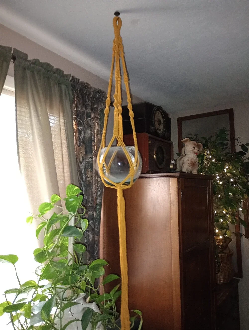 Mustard Yellow Macramé Hanging Planter - Handmade With Clear Glass Bowl
